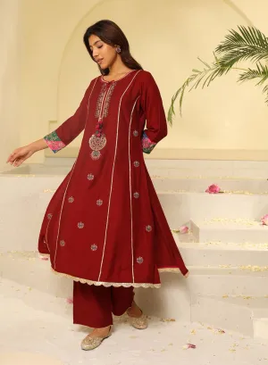 Blood Red Embroidered Kurta Set