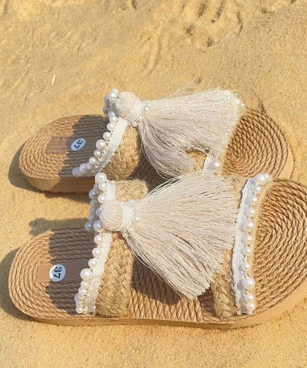 Ethnic Style Tassel Grass Woven Beach Flat Slide Sandals DD1008