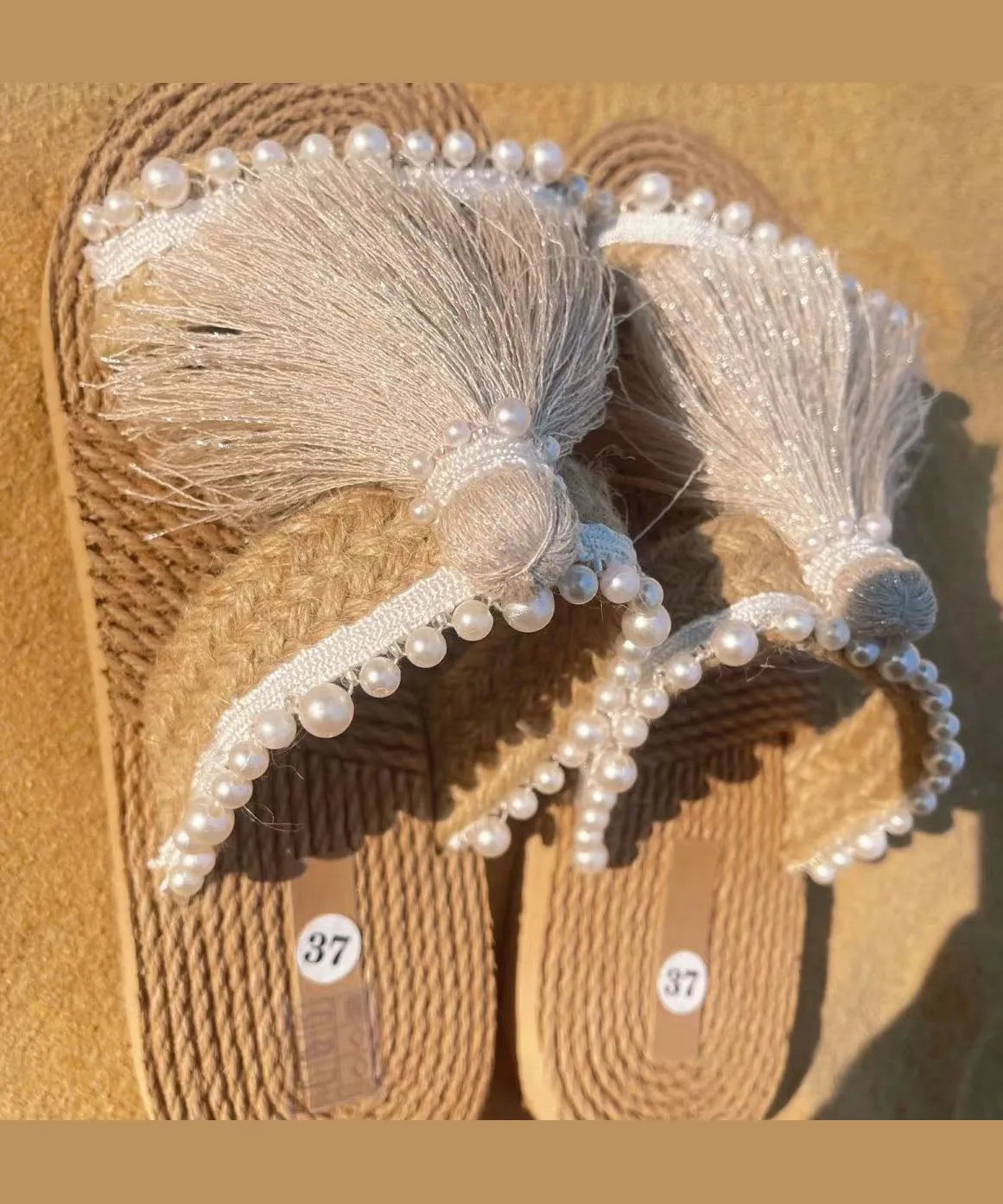 Ethnic Style Tassel Grass Woven Beach Flat Slide Sandals DD1008