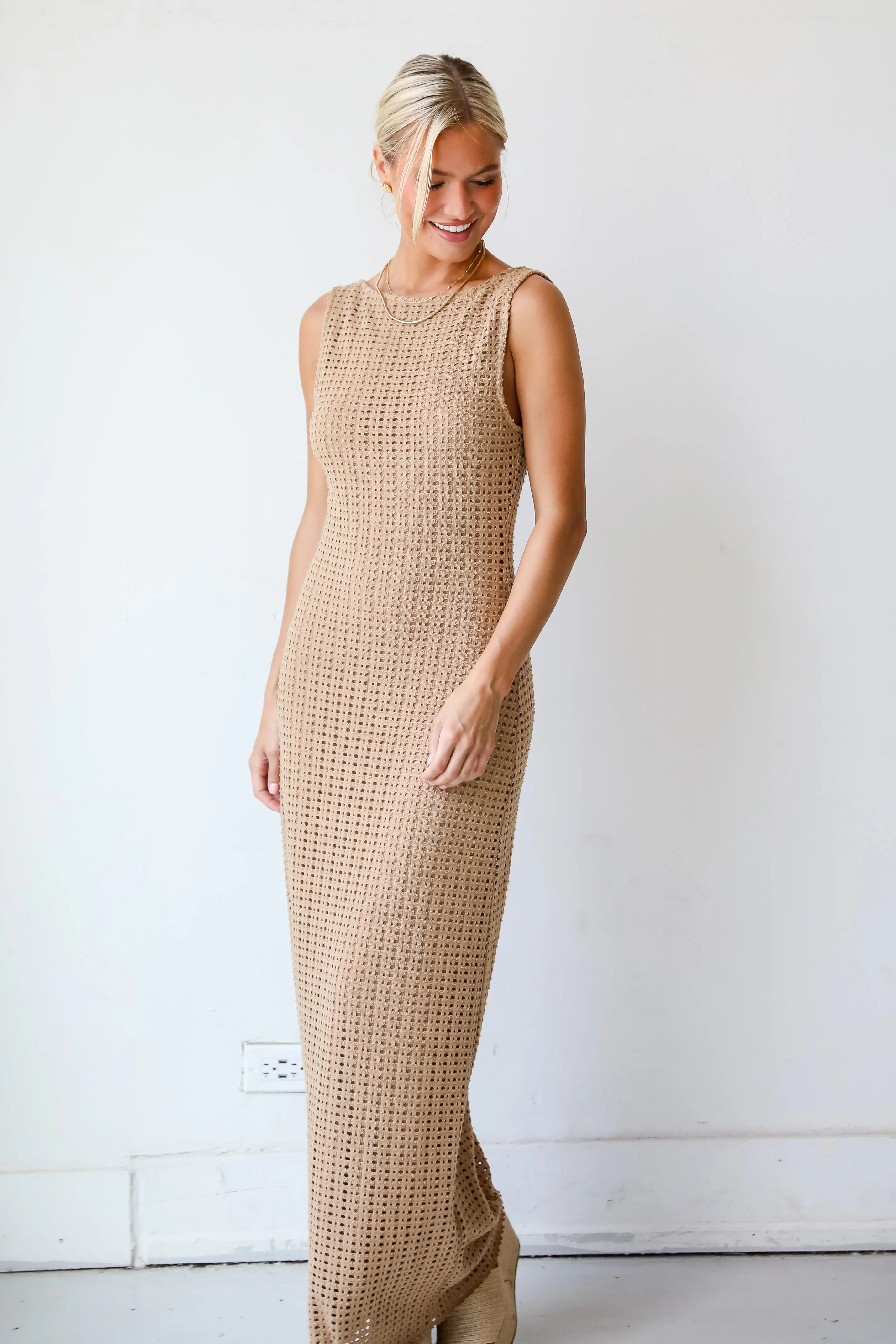 FINAL SALE - Infinite Sunshine Taupe Crochet Knit Maxi Dress