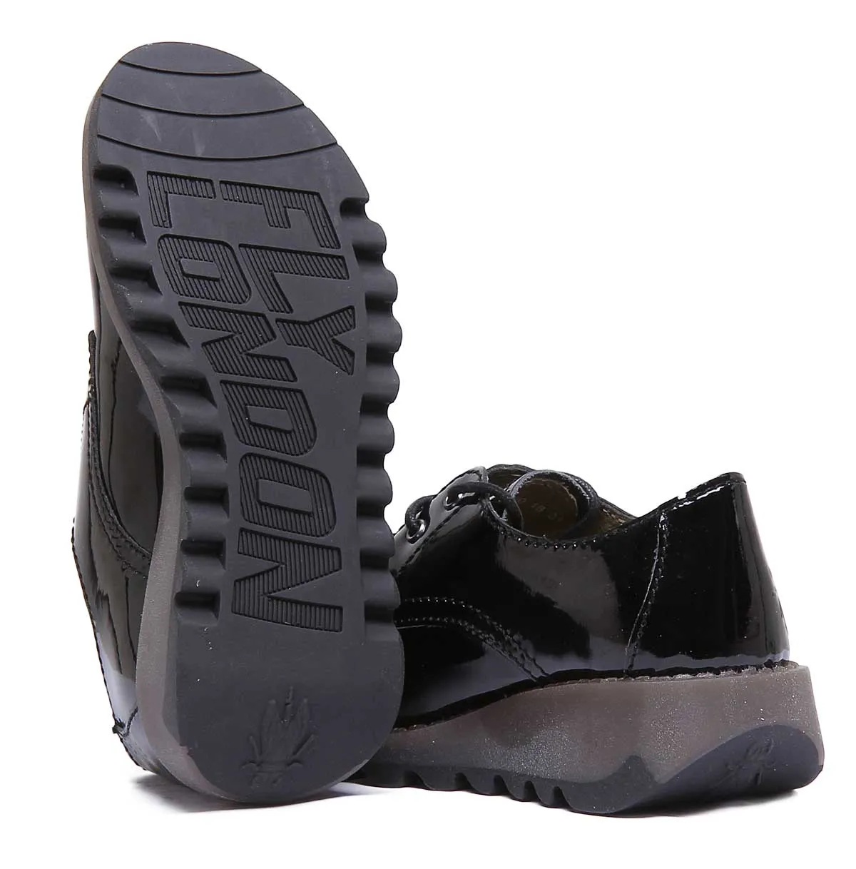 Fly London Simb K Lace Up Leather Shoes In Black Patent For Kids