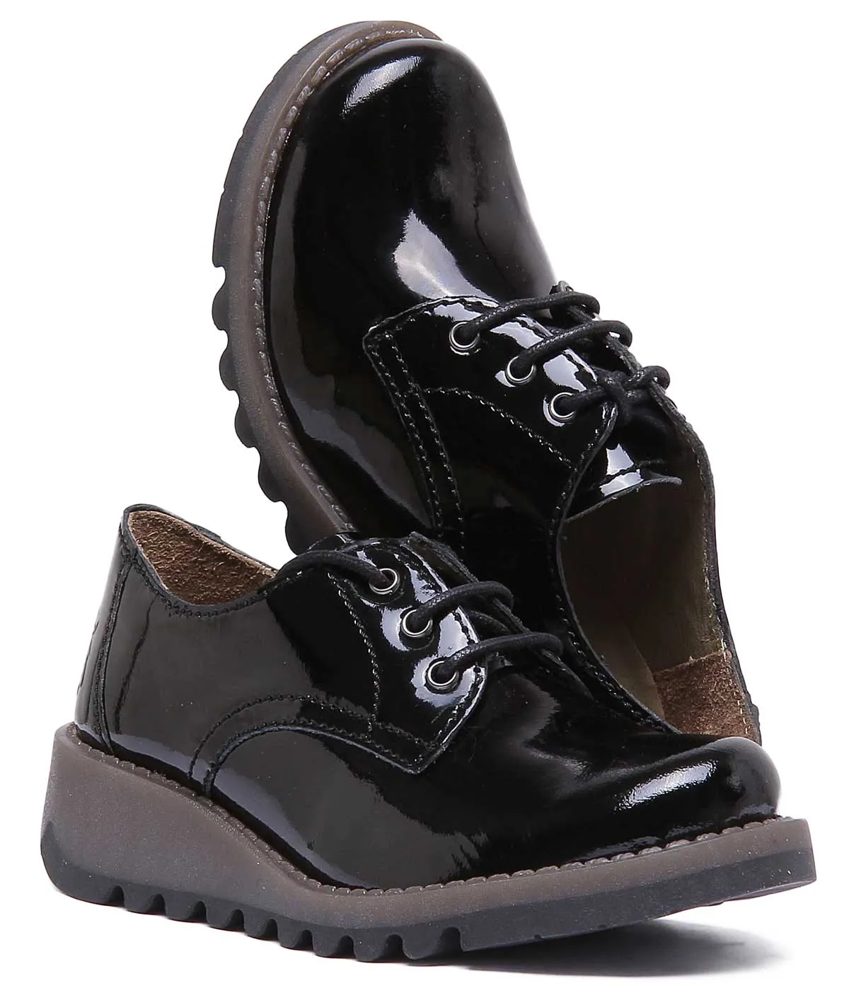 Fly London Simb K Lace Up Leather Shoes In Black Patent For Kids