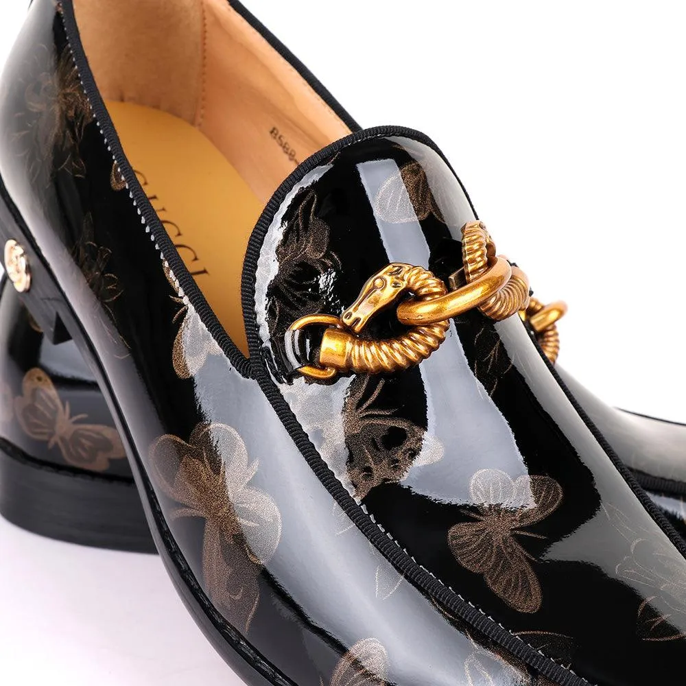 GC Luxury Flower Horse Lock Black Glossy Leather Shoe