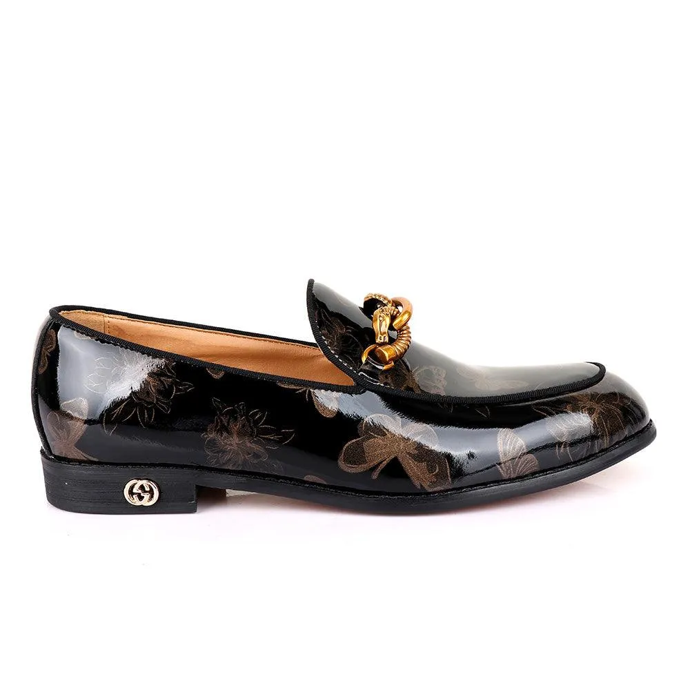 GC Luxury Flower Horse Lock Black Glossy Leather Shoe