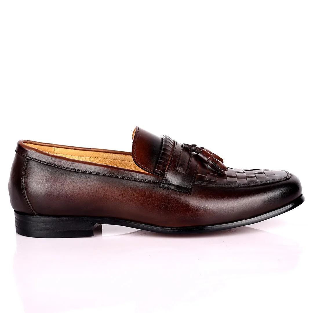 Gian Elegant Checkers And Fringe Designed Loafers Shoe - Coffee