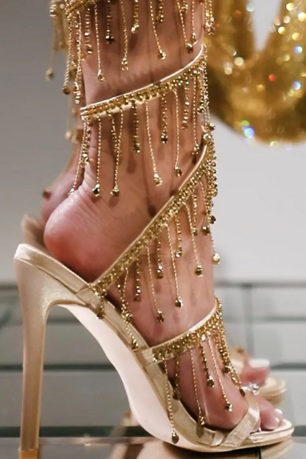 Golden Sparkly Strappy High Heeled Sandals With Tassel