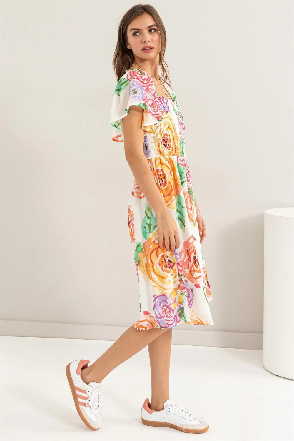 HYFVE Floral Flutter Sleeve Smocked Dress