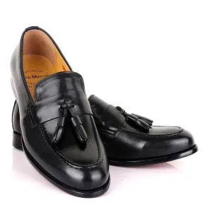 John Mendson Black Tassel Strap Leather Loafers