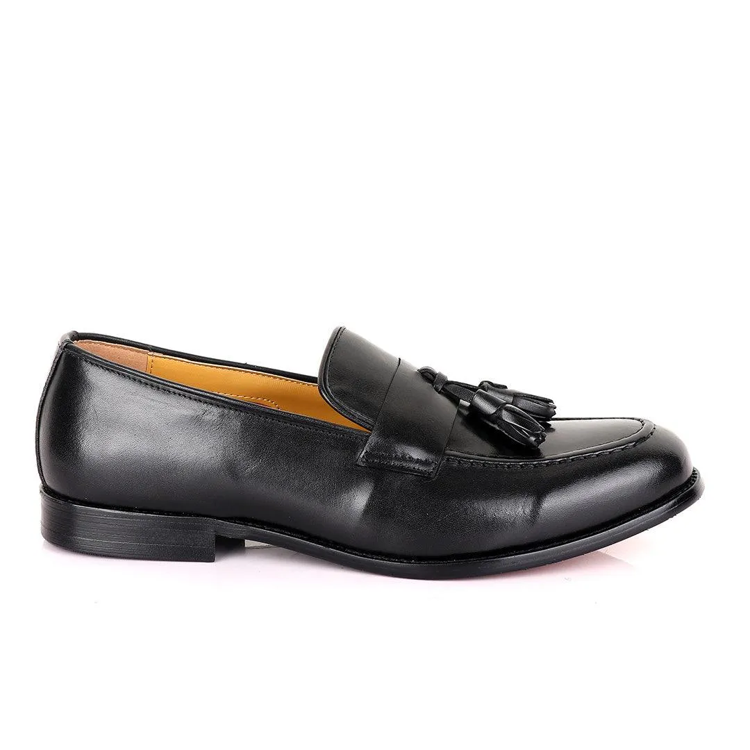 John Mendson Black Tassel Strap Leather Loafers