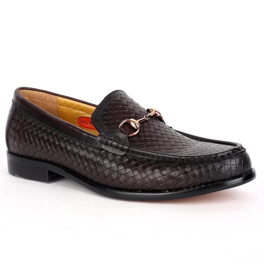 John Mendson Woven Designed Loafers With Gold Design- Coffee