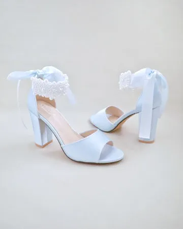 JOSKAA 2024 New Fashion High Heel Satin Block Heel Wedding Sandals with Perla Ankle Strap