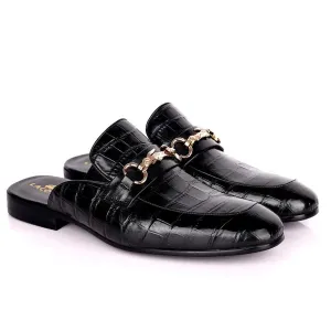 Lacos Elegant Gold Logo Designed Black Half Leather Shoe