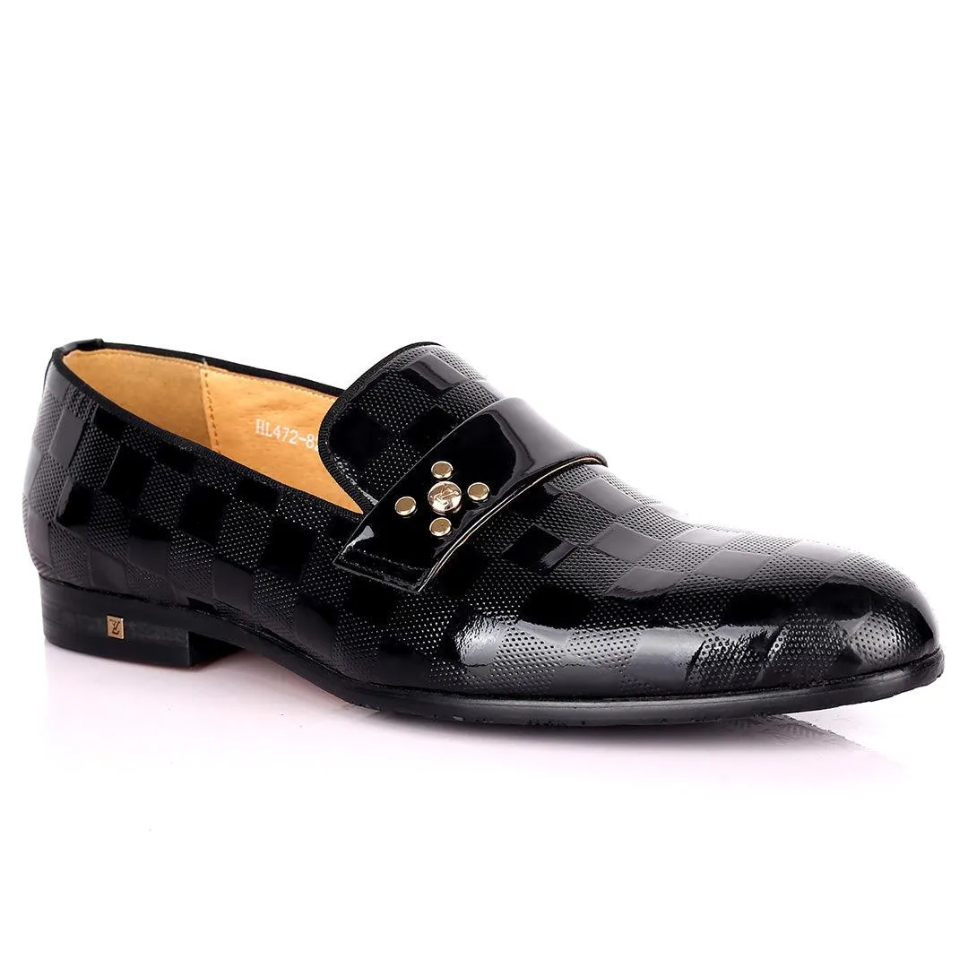 Lou Elegant Glossy Checkers Designed Black Formal Shoe