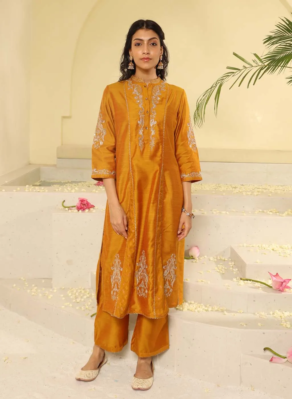 Mustard Embroidered Sequins Work Kurta Set