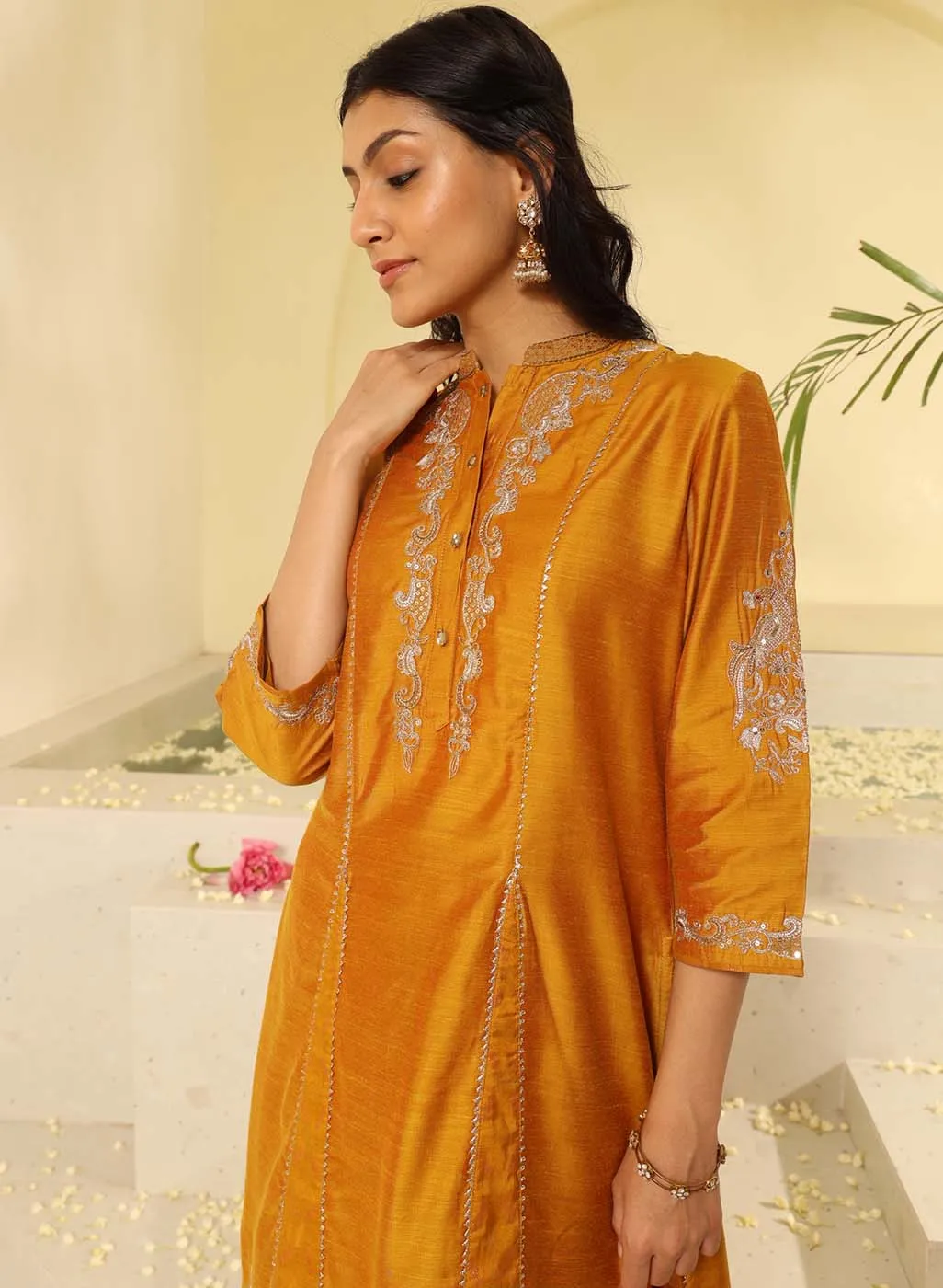 Mustard Embroidered Sequins Work Kurta Set