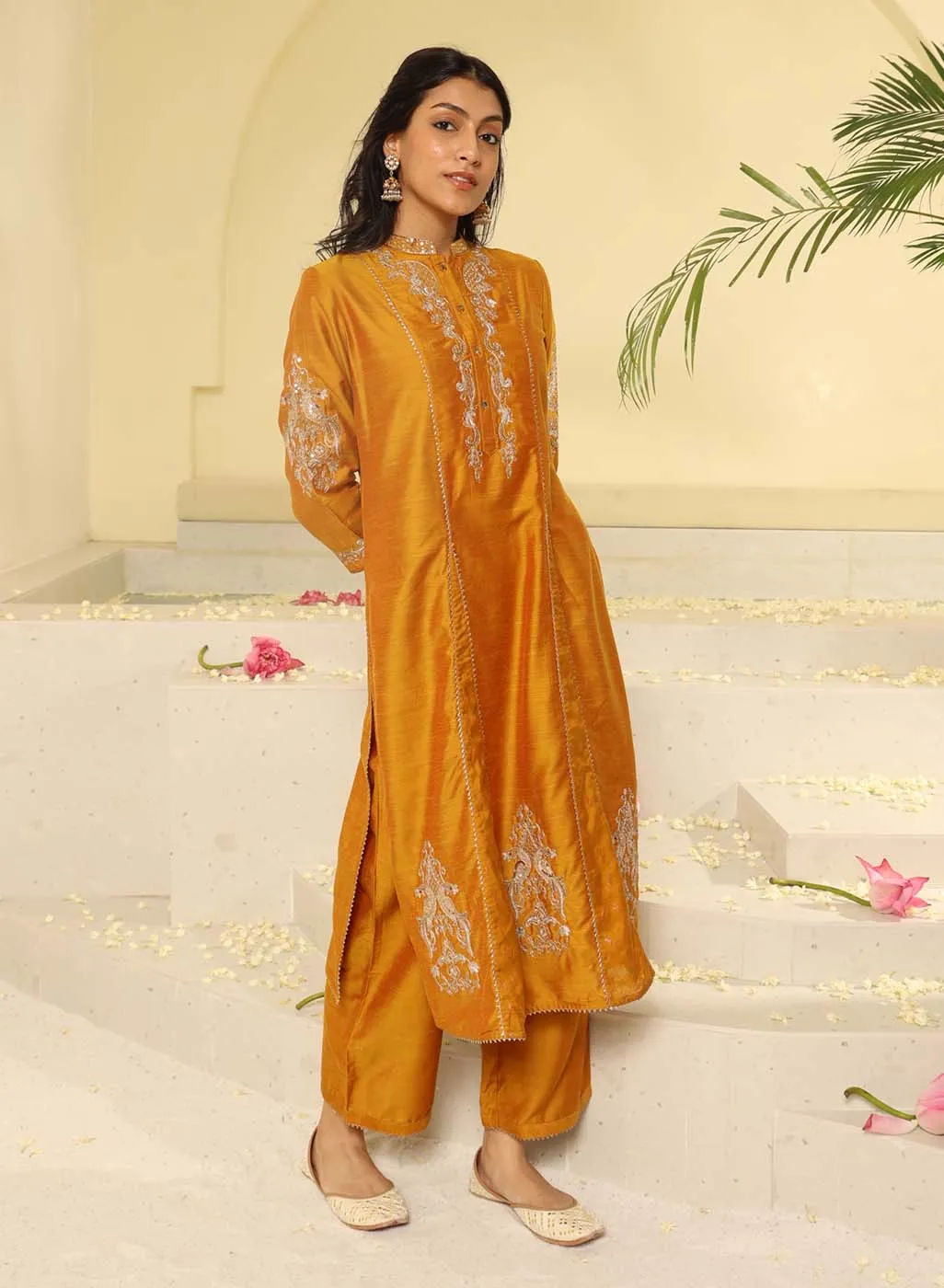 Mustard Embroidered Sequins Work Kurta Set