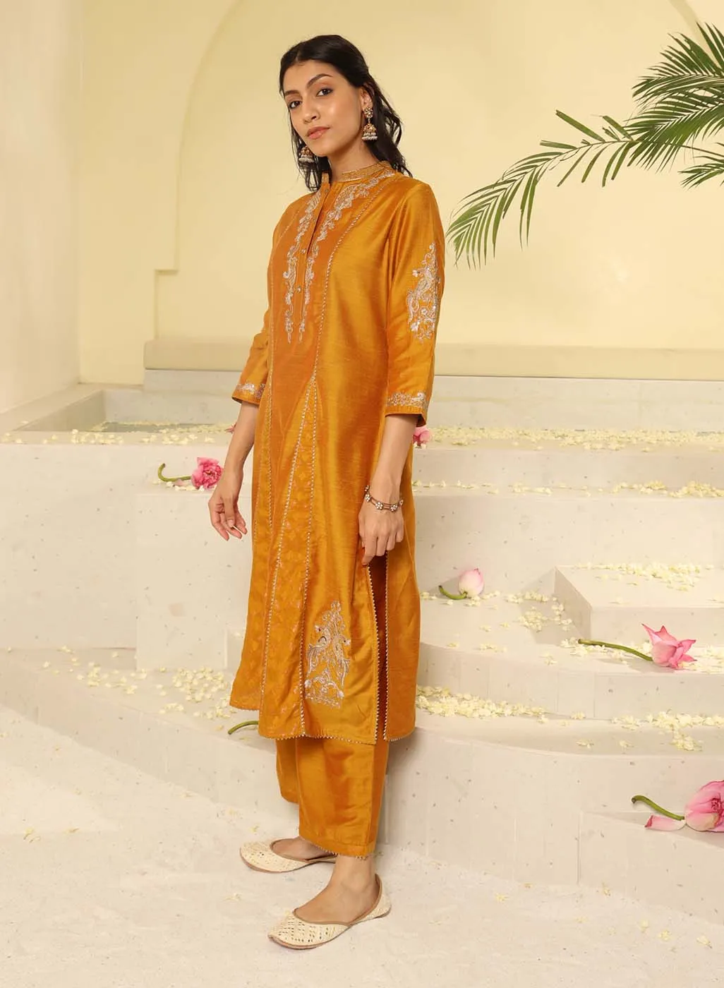 Mustard Embroidered Sequins Work Kurta Set