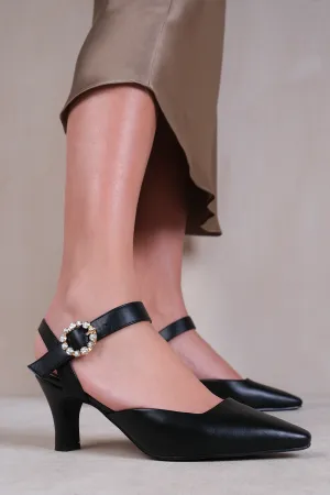 NEW FORM WIDE FIT MID HEEL SANDALS WITH DIAMANTE BUCKLE DETAIL IN BLACK FAUX LEATHER