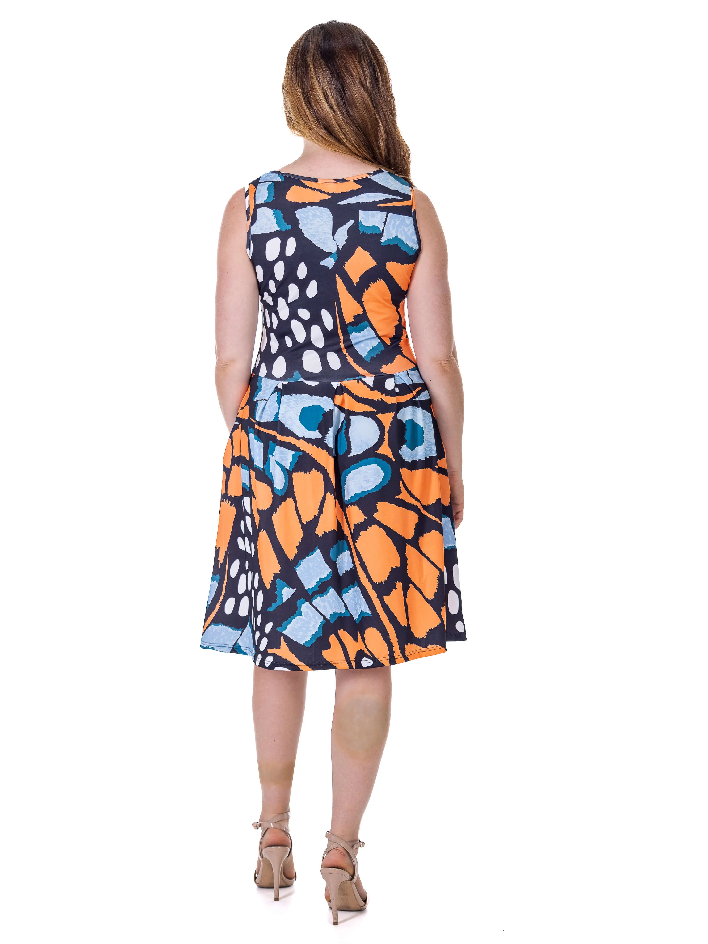 Orange Butterfly Print Sleeveless Pleated Knee Length Pocket Dress