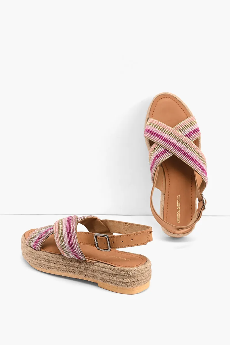 Pink Stripes Beaded Flatform Sandals