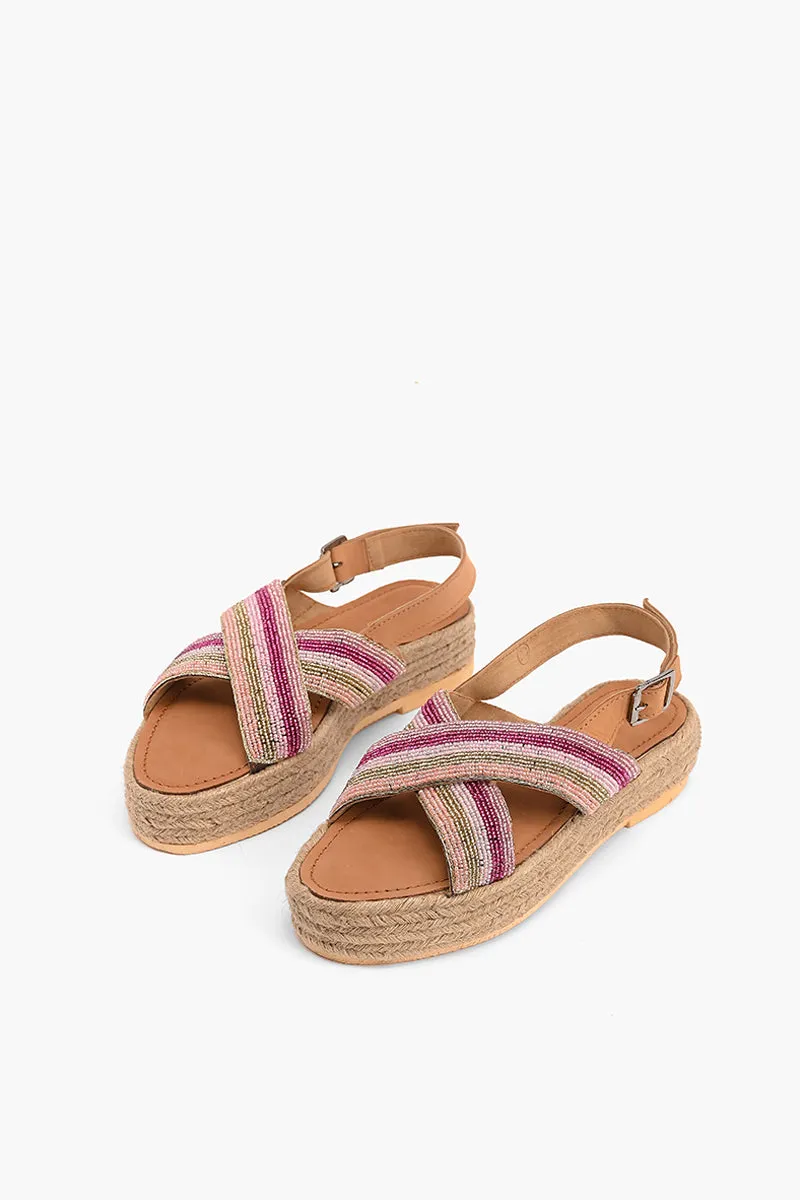 Pink Stripes Beaded Flatform Sandals