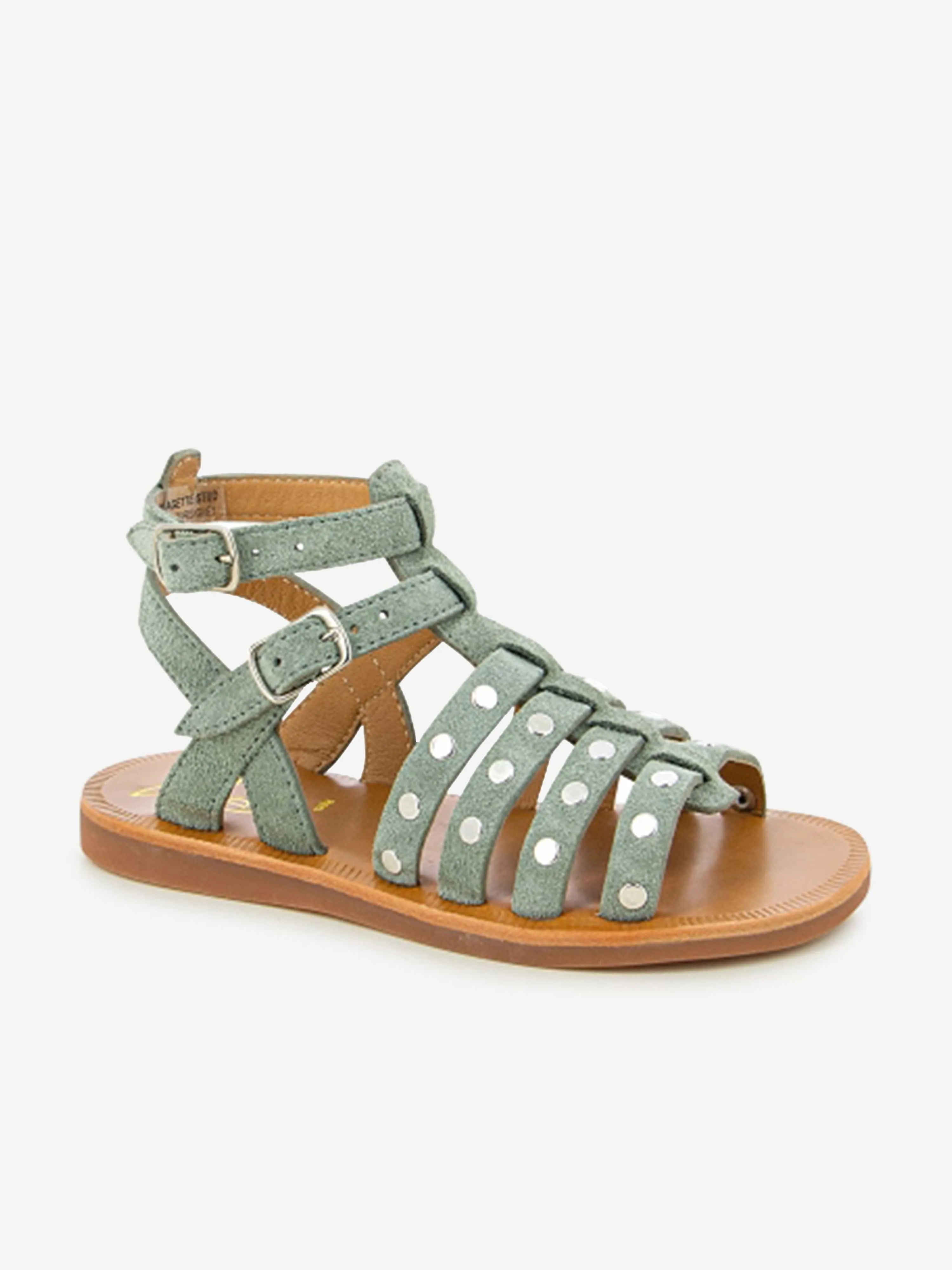 Pom D'Api Girls Leather Plagette Stud Sandals in Grey