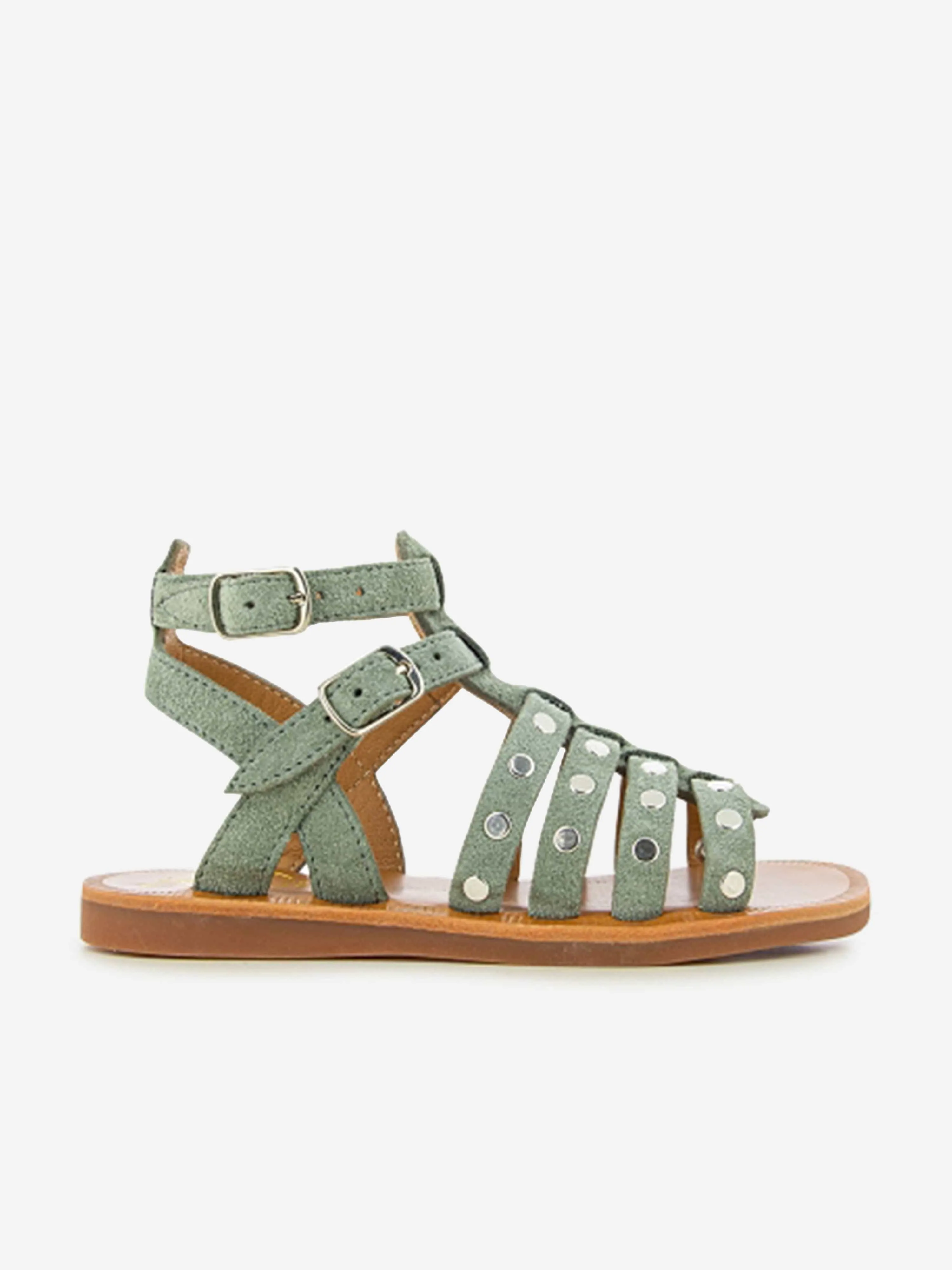 Pom D'Api Girls Leather Plagette Stud Sandals in Grey