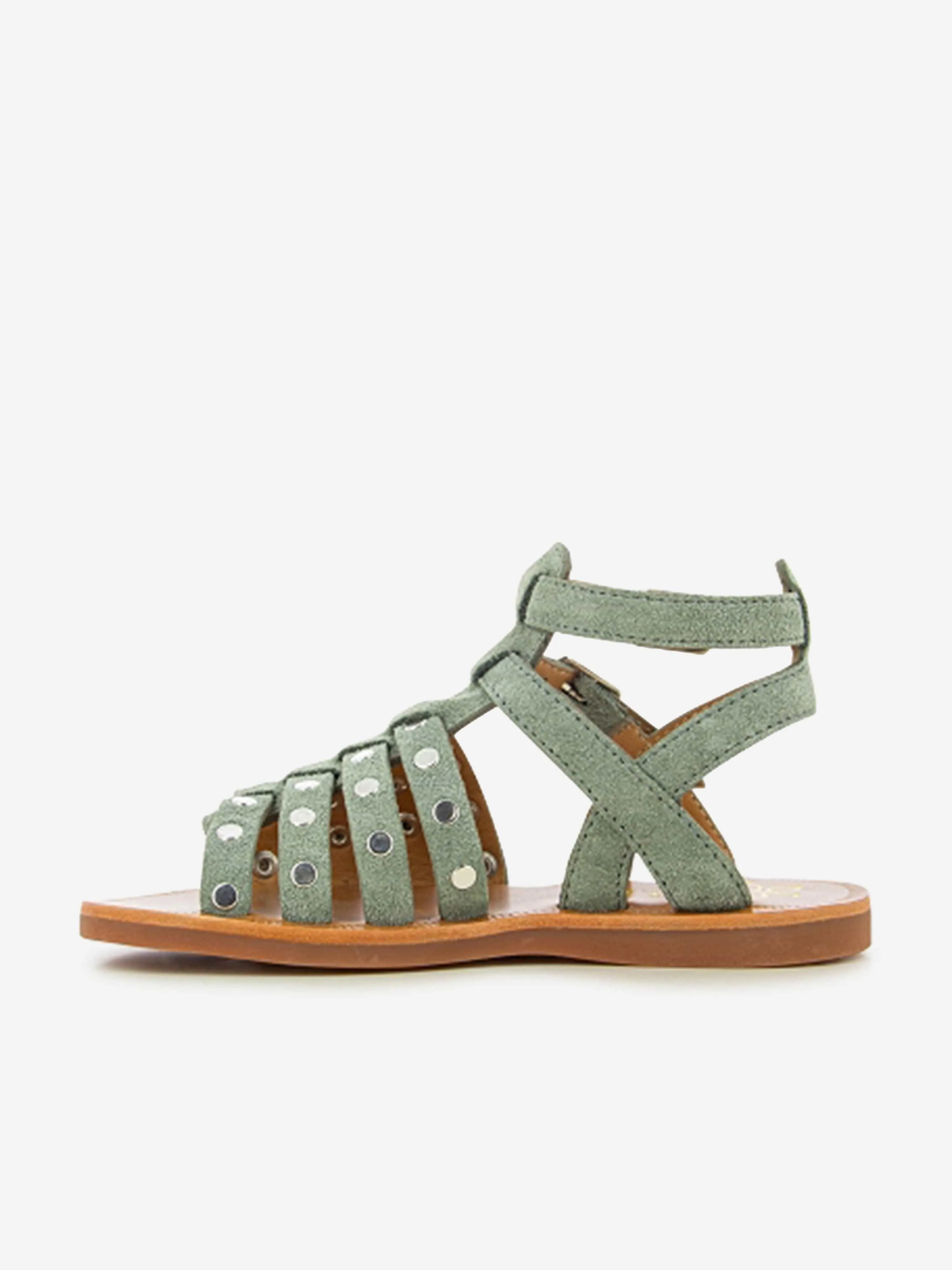 Pom D'Api Girls Leather Plagette Stud Sandals in Grey