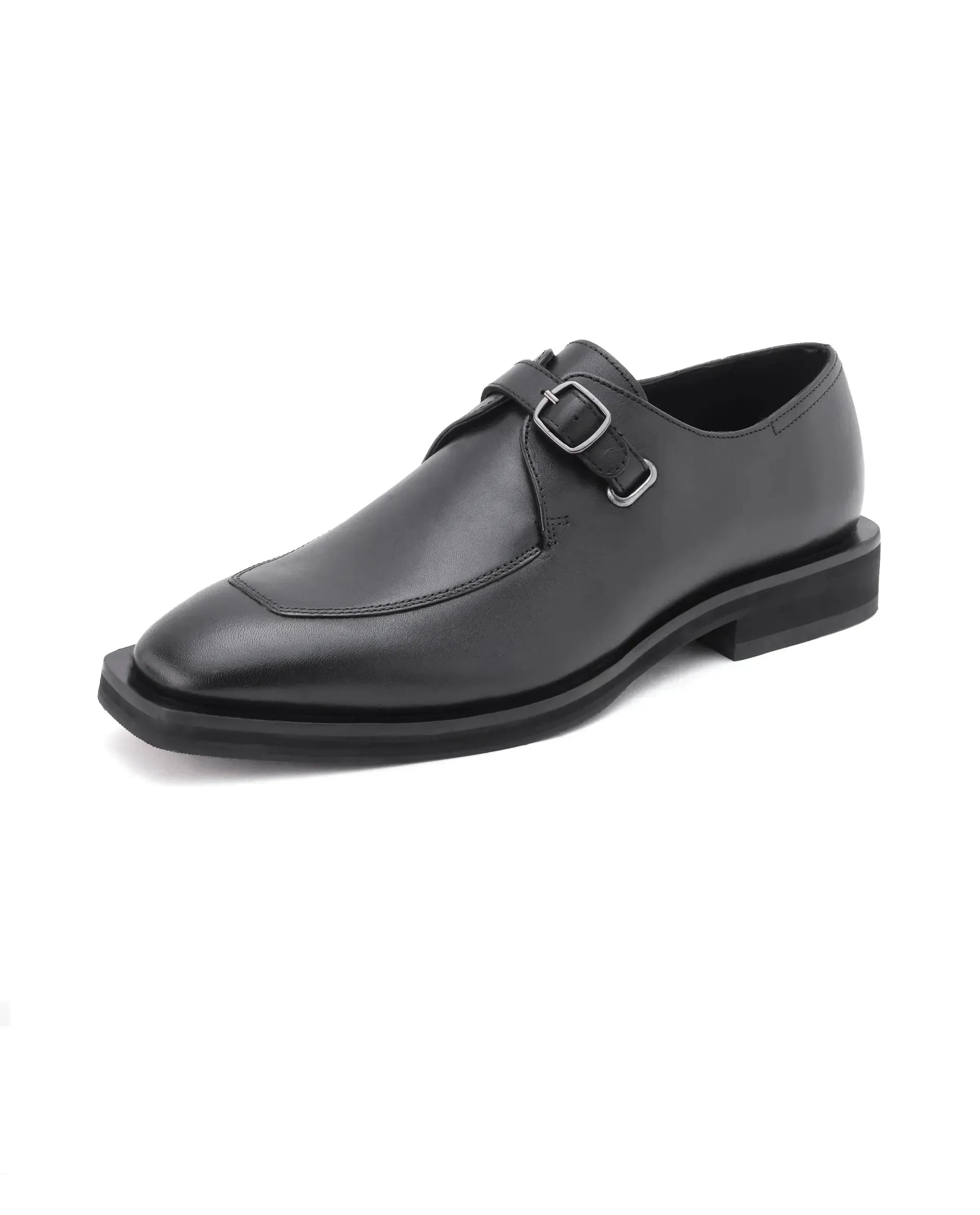 Rare Rabbit Men Kai Black Genuine Leather Buckle Strap Slip-On Loafers