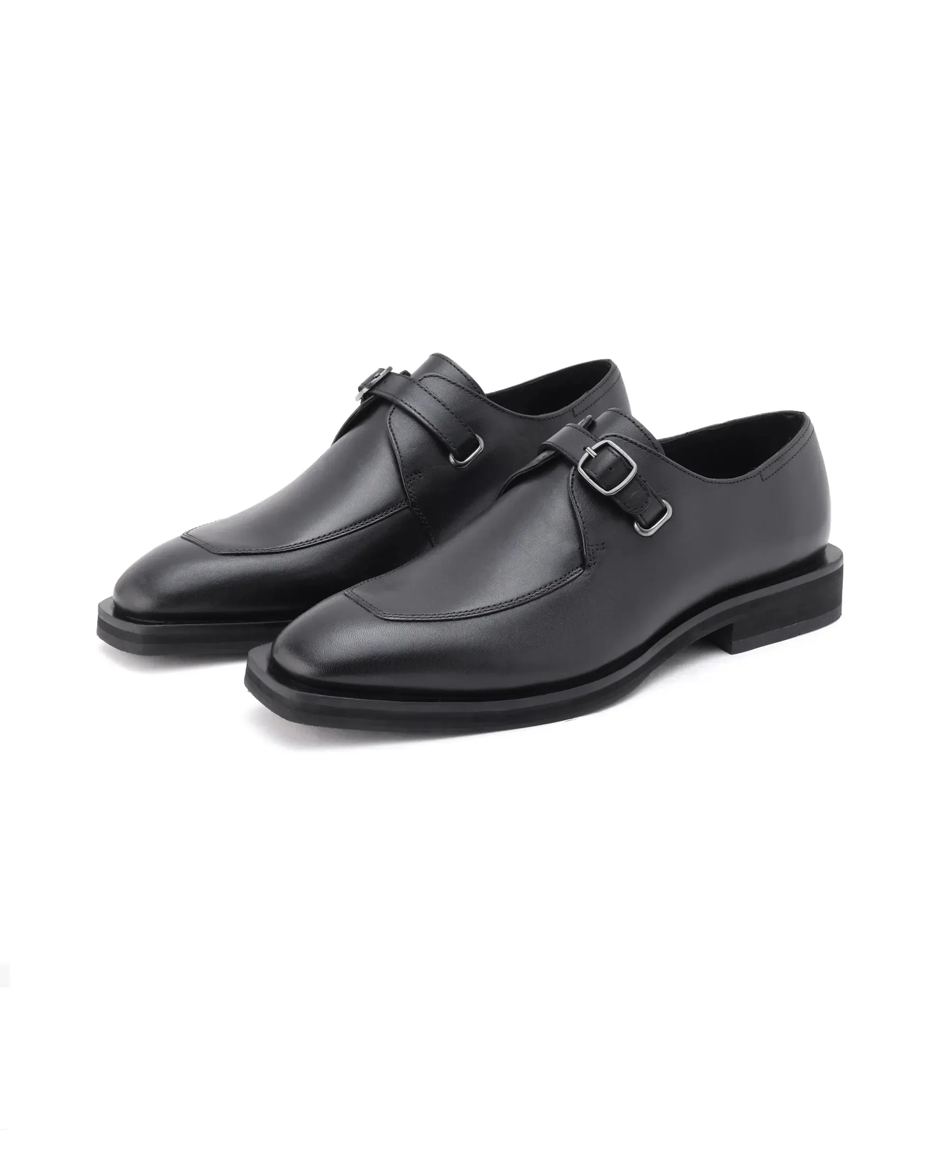 Rare Rabbit Men Kai Black Genuine Leather Buckle Strap Slip-On Loafers