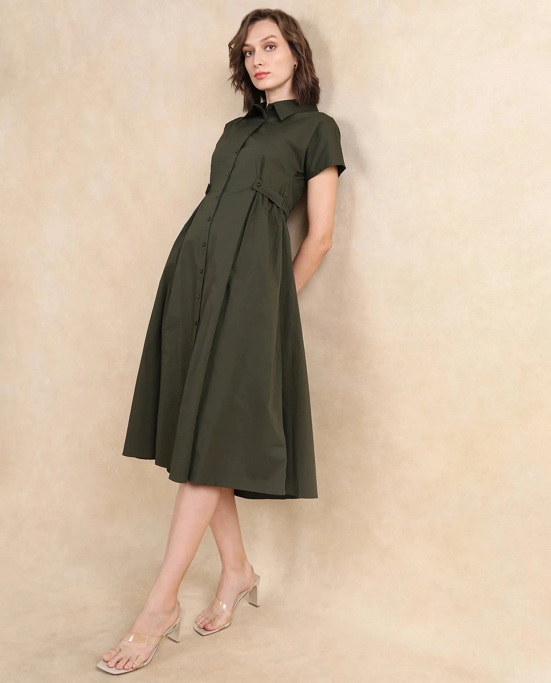 Rareism Women Eddl Olive Cotton Blend Fabric Short Sleeve Collared Neck Button Closure Fit And Flare Midi Plain Dress