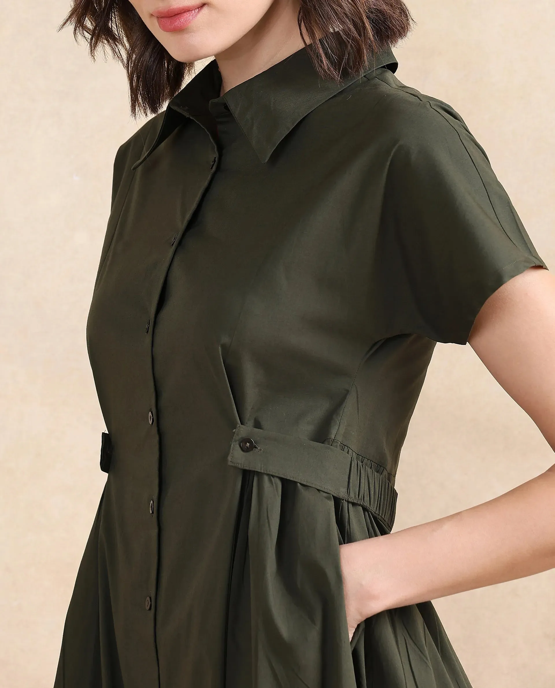 Rareism Women Eddl Olive Cotton Blend Fabric Short Sleeve Collared Neck Button Closure Fit And Flare Midi Plain Dress