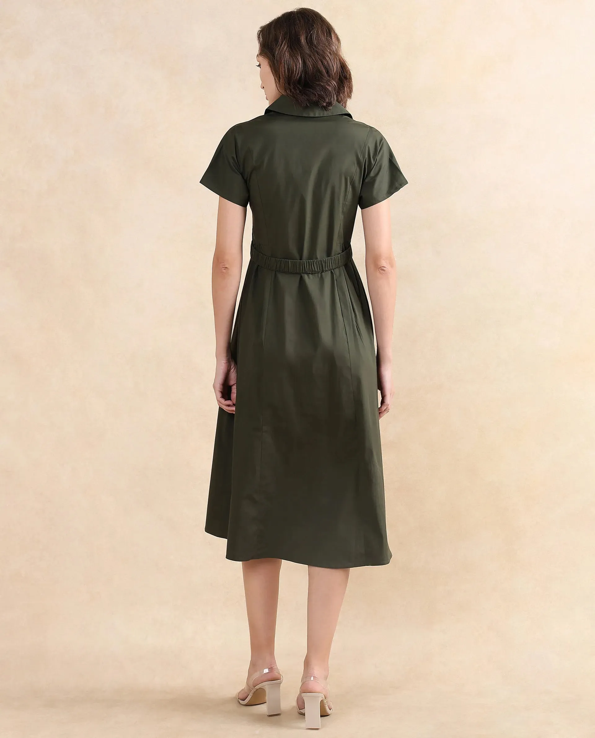 Rareism Women Eddl Olive Cotton Blend Fabric Short Sleeve Collared Neck Button Closure Fit And Flare Midi Plain Dress