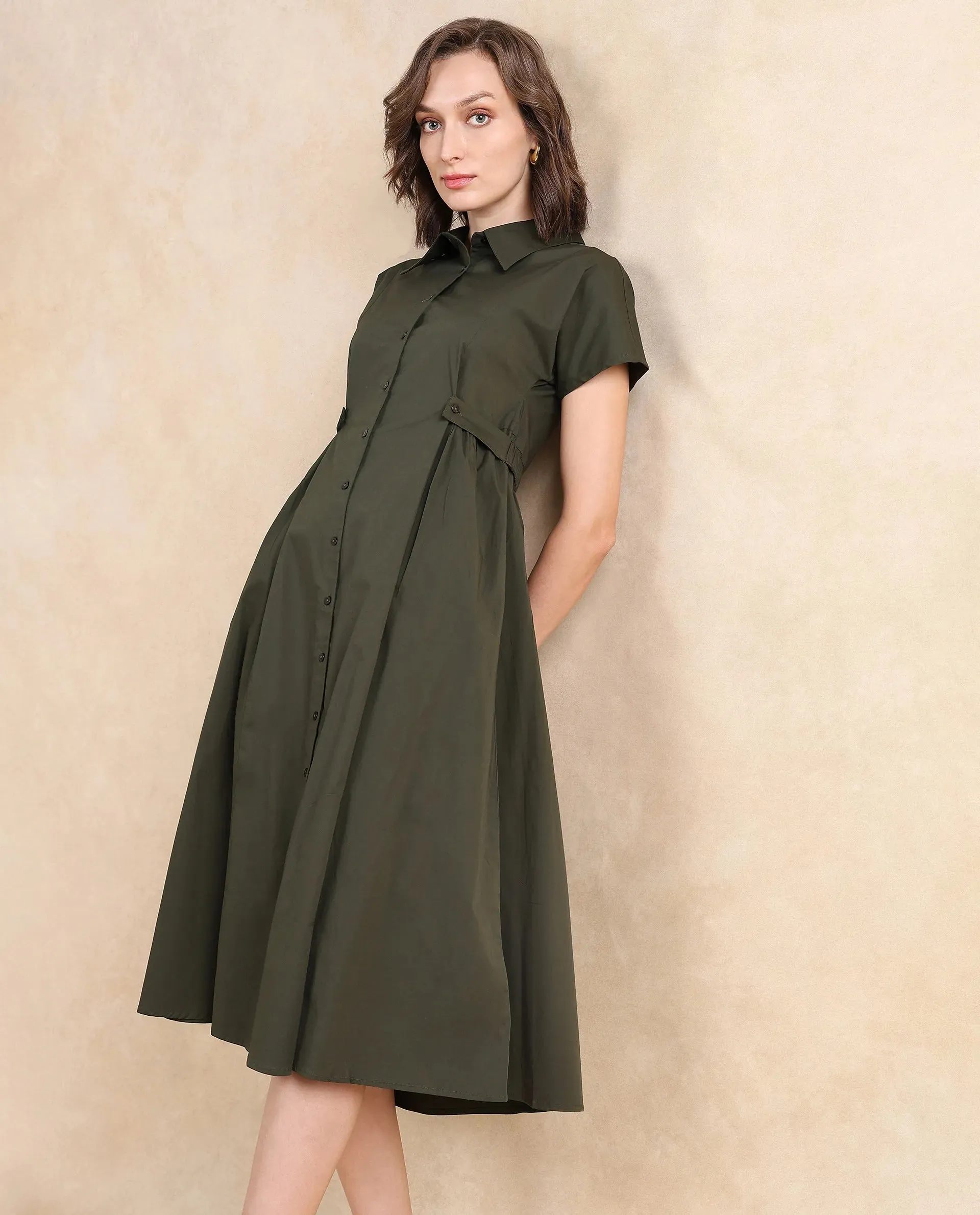 Rareism Women Eddl Olive Cotton Blend Fabric Short Sleeve Collared Neck Button Closure Fit And Flare Midi Plain Dress