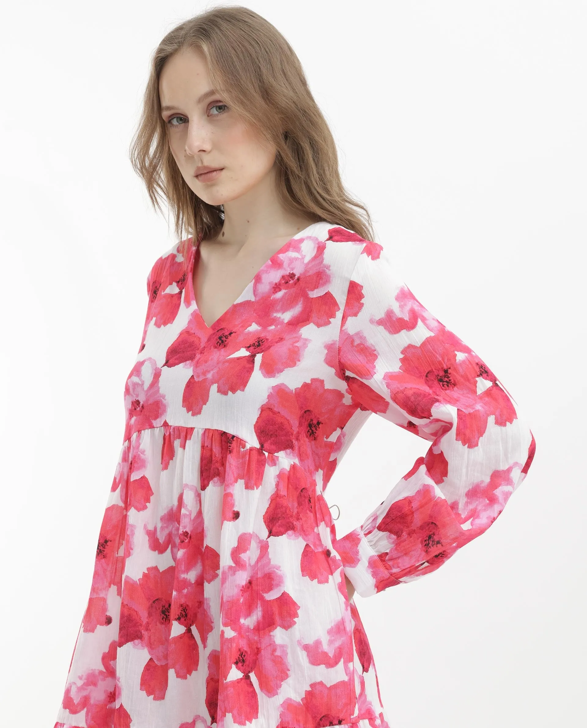 Rareism Women Valan Pink Cotton Fabric Full Sleeves V-Neck Fit And Flare Floral Print Mini Dress