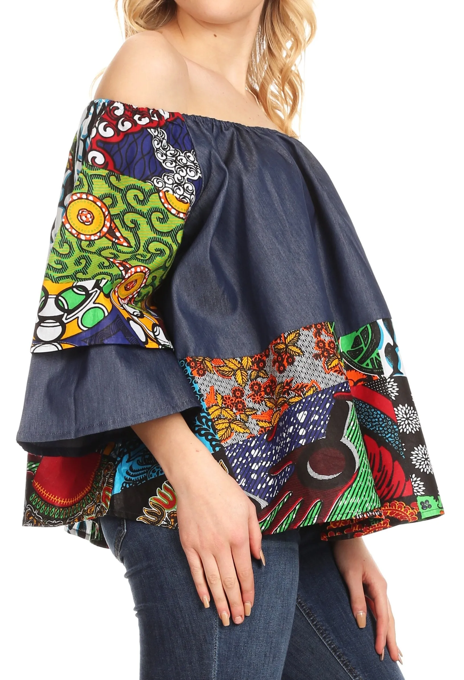 Sakkas Desta Off-shoulder Tent Top Blouse on Chambray and Wax African Ankara Print