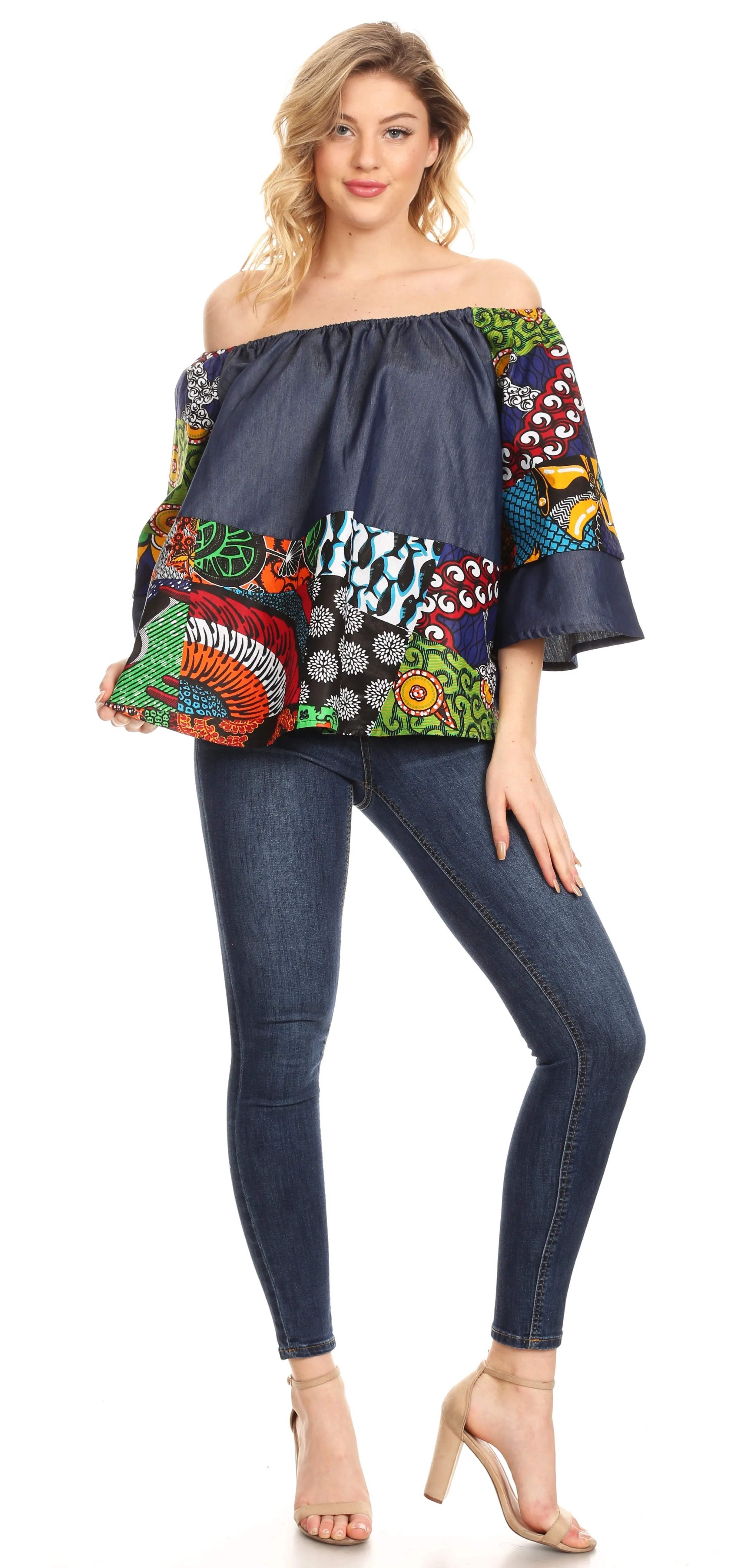 Sakkas Desta Off-shoulder Tent Top Blouse on Chambray and Wax African Ankara Print