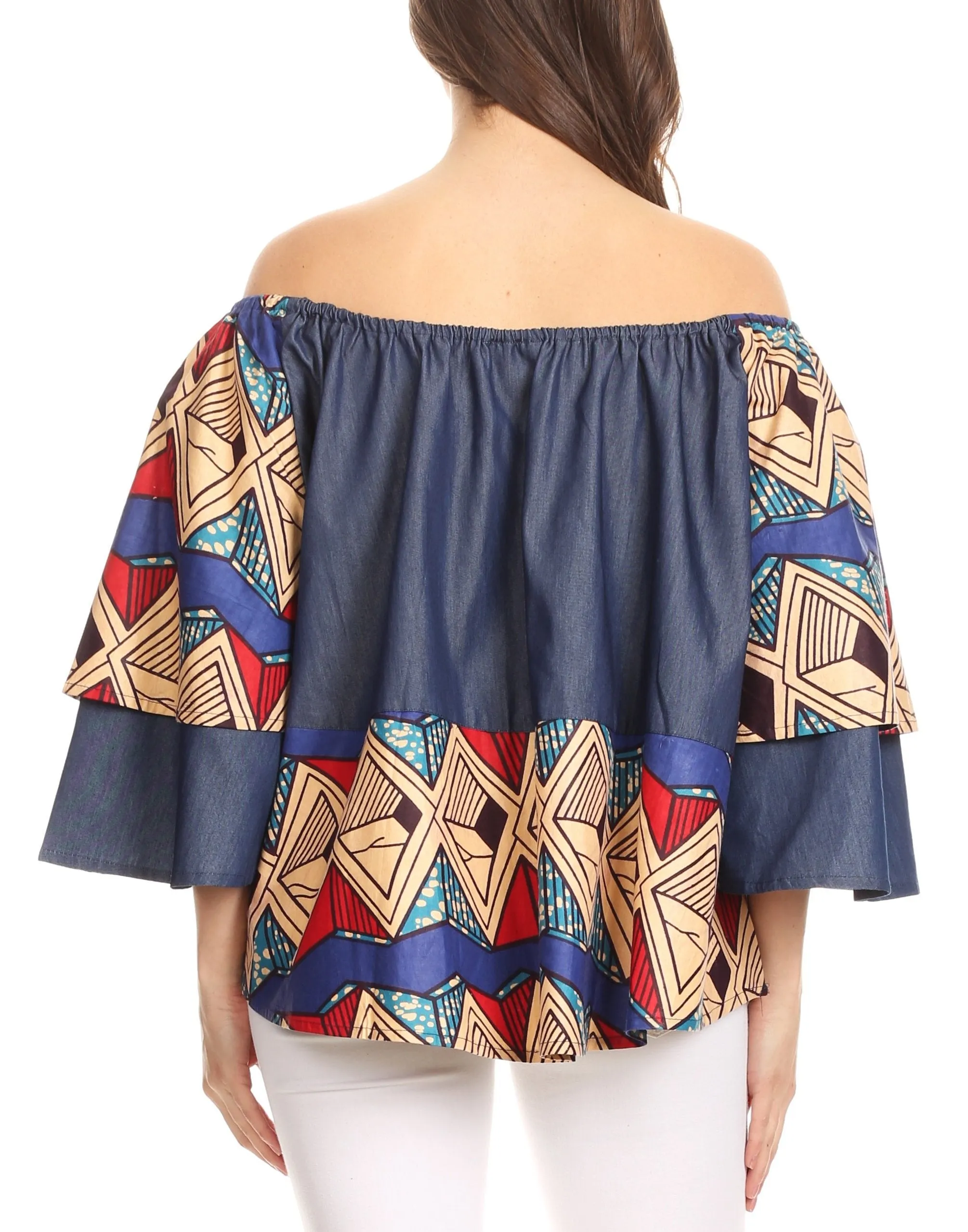 Sakkas Desta Off-shoulder Tent Top Blouse on Chambray and Wax African Ankara Print