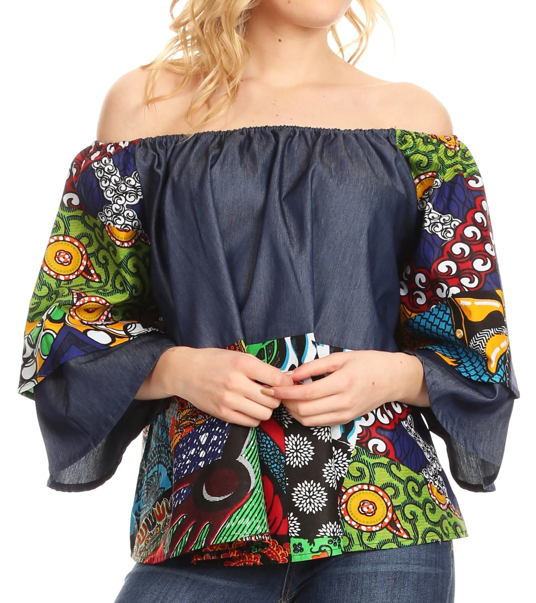 Sakkas Desta Off-shoulder Tent Top Blouse on Chambray and Wax African Ankara Print