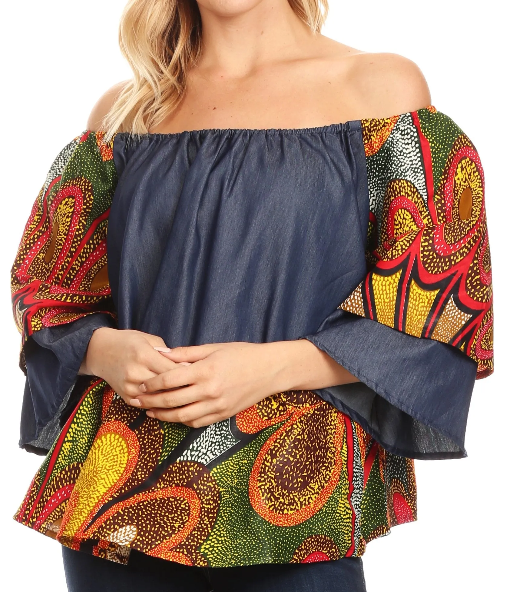 Sakkas Desta Off-shoulder Tent Top Blouse on Chambray and Wax African Ankara Print