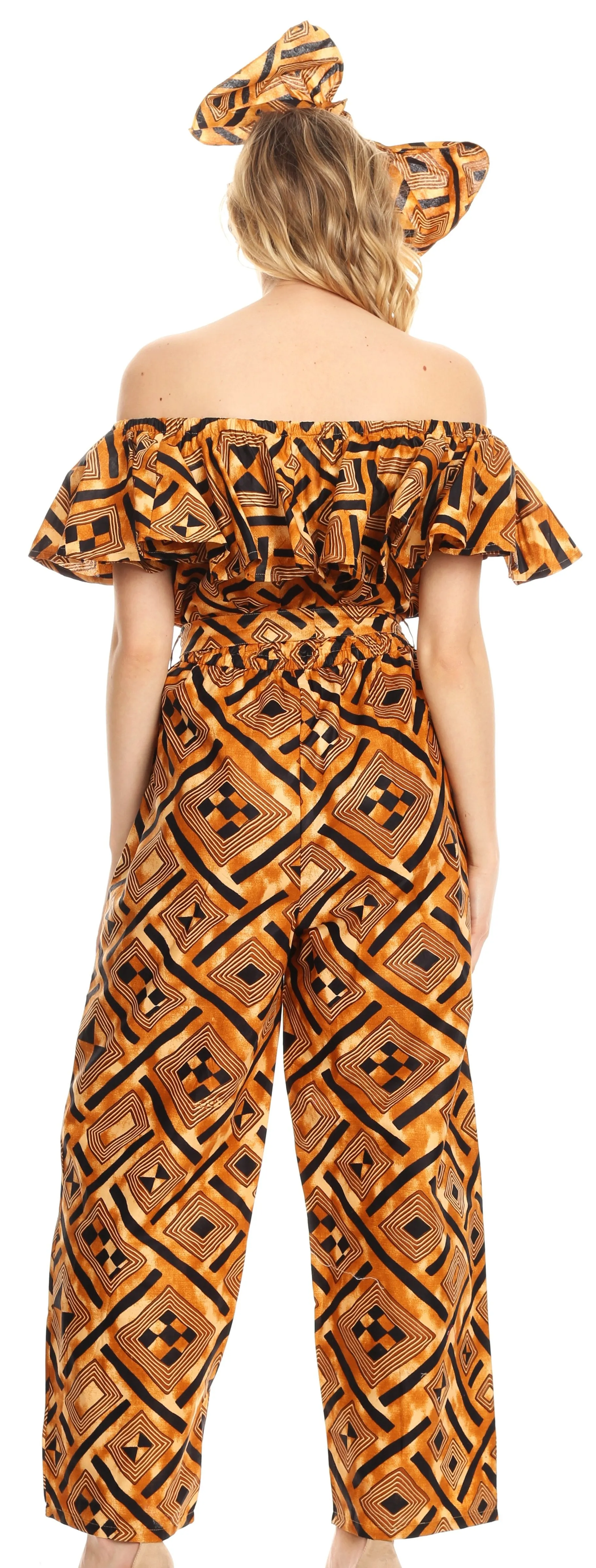 Sakkas Lelisa Ruffle Off-shoulder Long Jumpsuit w/pockets Wax African Ankara Dutch