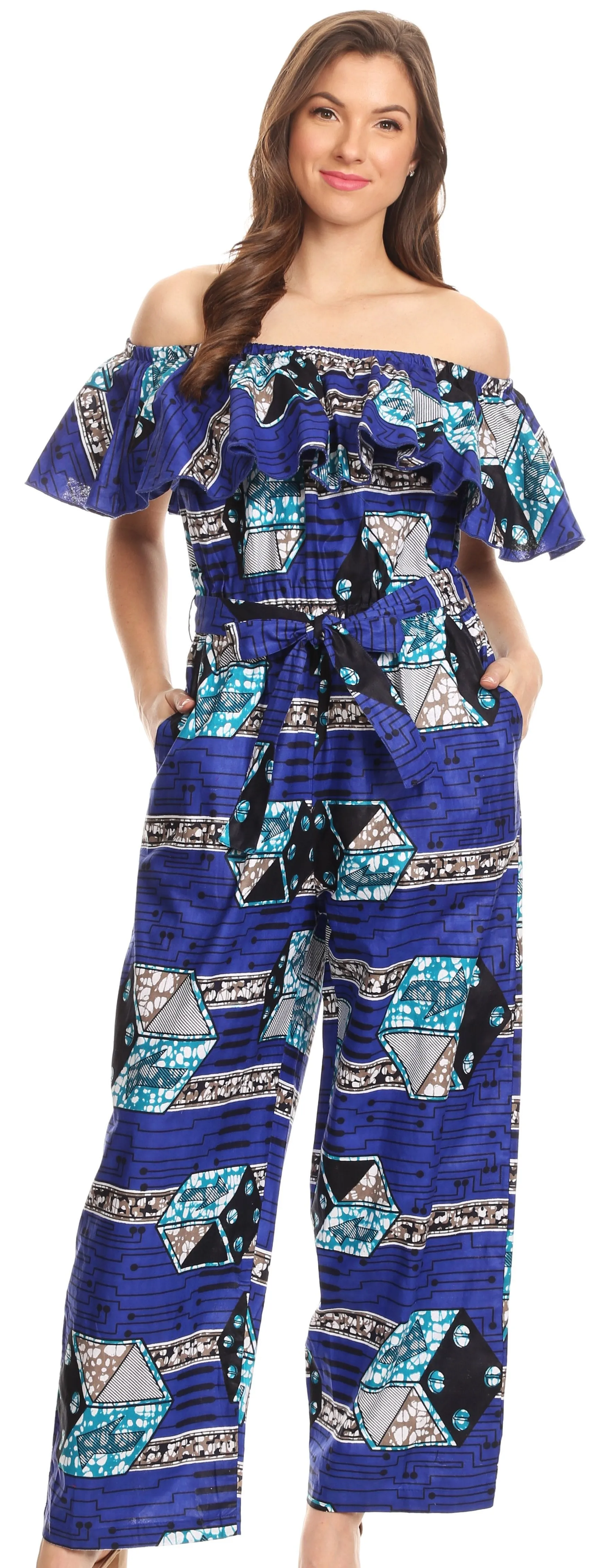 Sakkas Lelisa Ruffle Off-shoulder Long Jumpsuit w/pockets Wax African Ankara Dutch