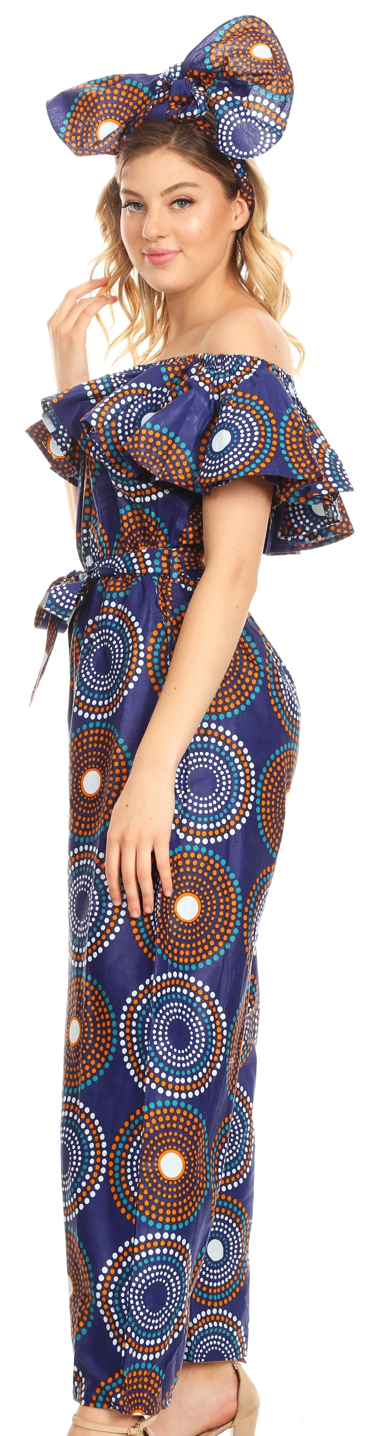 Sakkas Lelisa Ruffle Off-shoulder Long Jumpsuit w/pockets Wax African Ankara Dutch