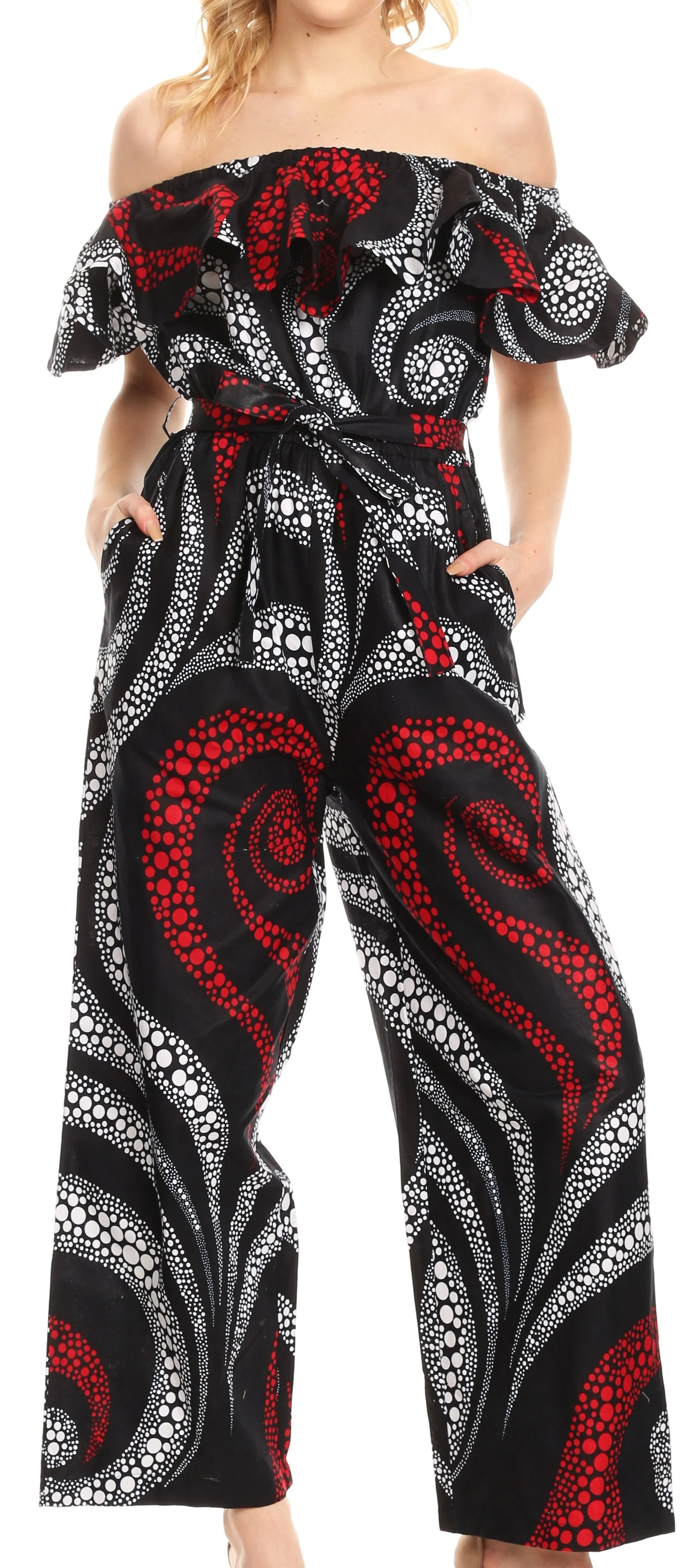 Sakkas Lelisa Ruffle Off-shoulder Long Jumpsuit w/pockets Wax African Ankara Dutch