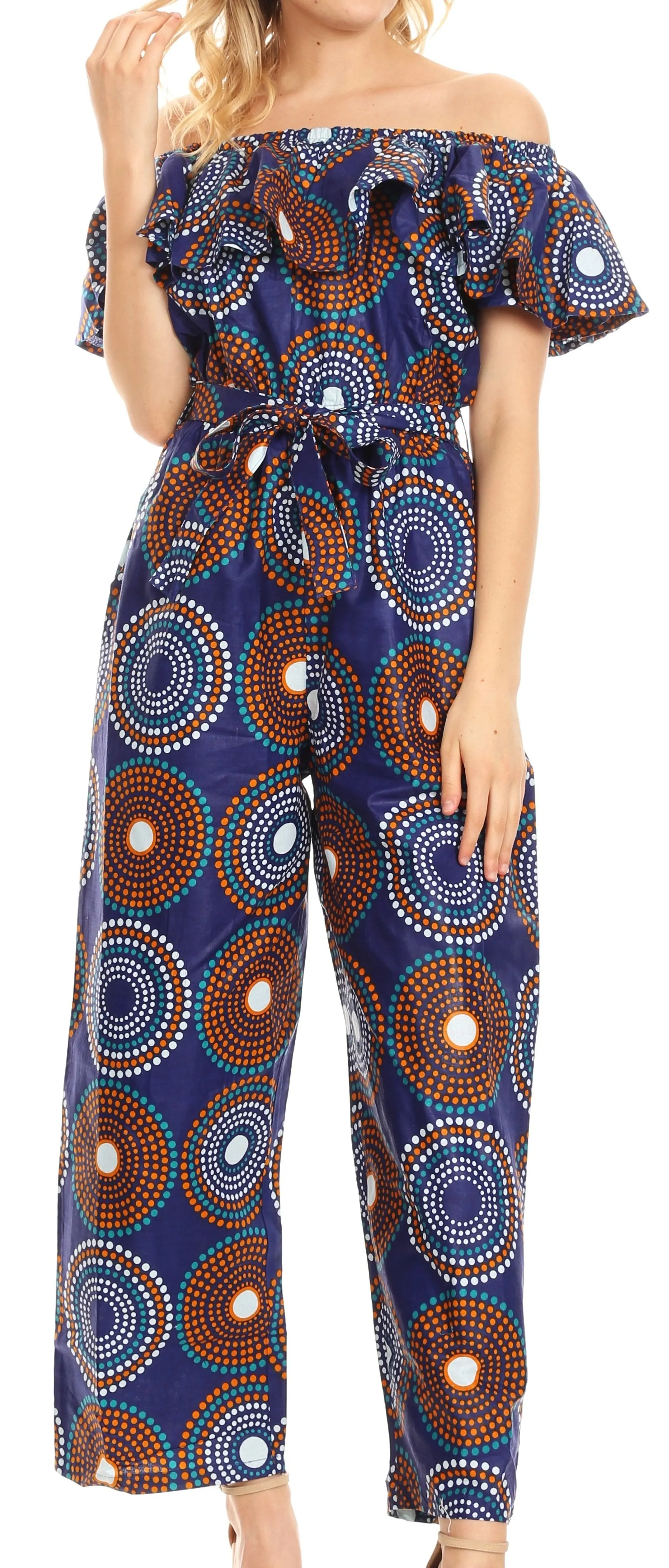 Sakkas Lelisa Ruffle Off-shoulder Long Jumpsuit w/pockets Wax African Ankara Dutch