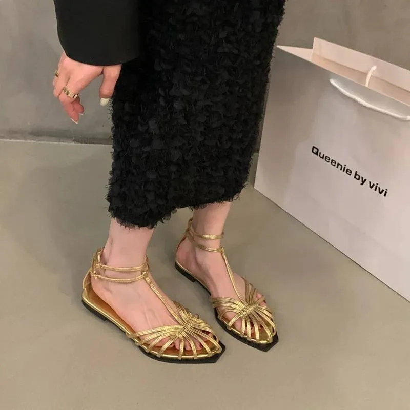 Summer Chic: New Brand Women's Gold Flat Sandals / Slingback with Narrow Ankle Strap