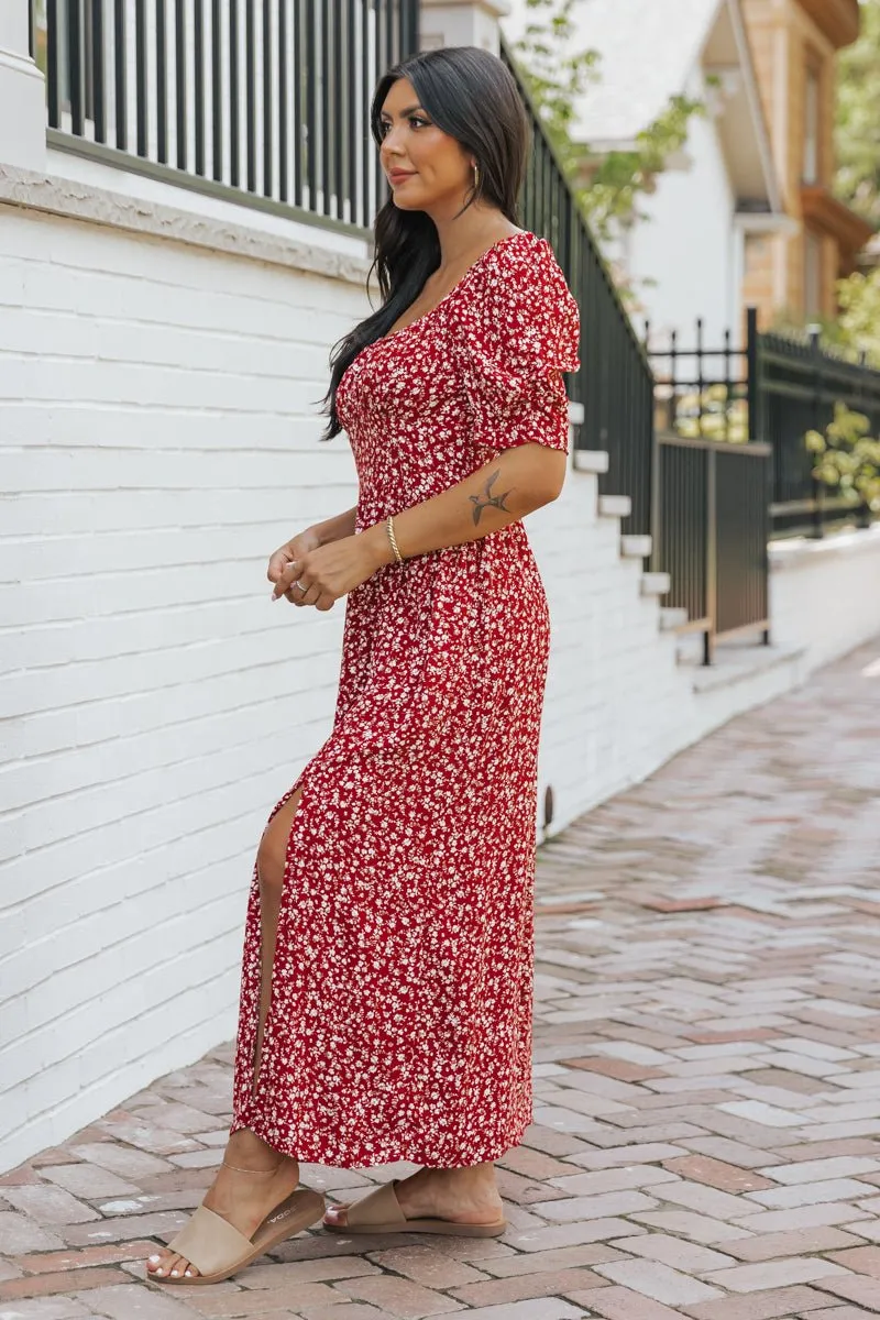 Wine Floral Print Smocked Maxi Dress - FINAL SALE