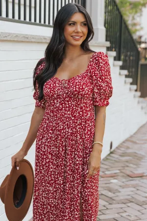 Wine Floral Print Smocked Maxi Dress - FINAL SALE