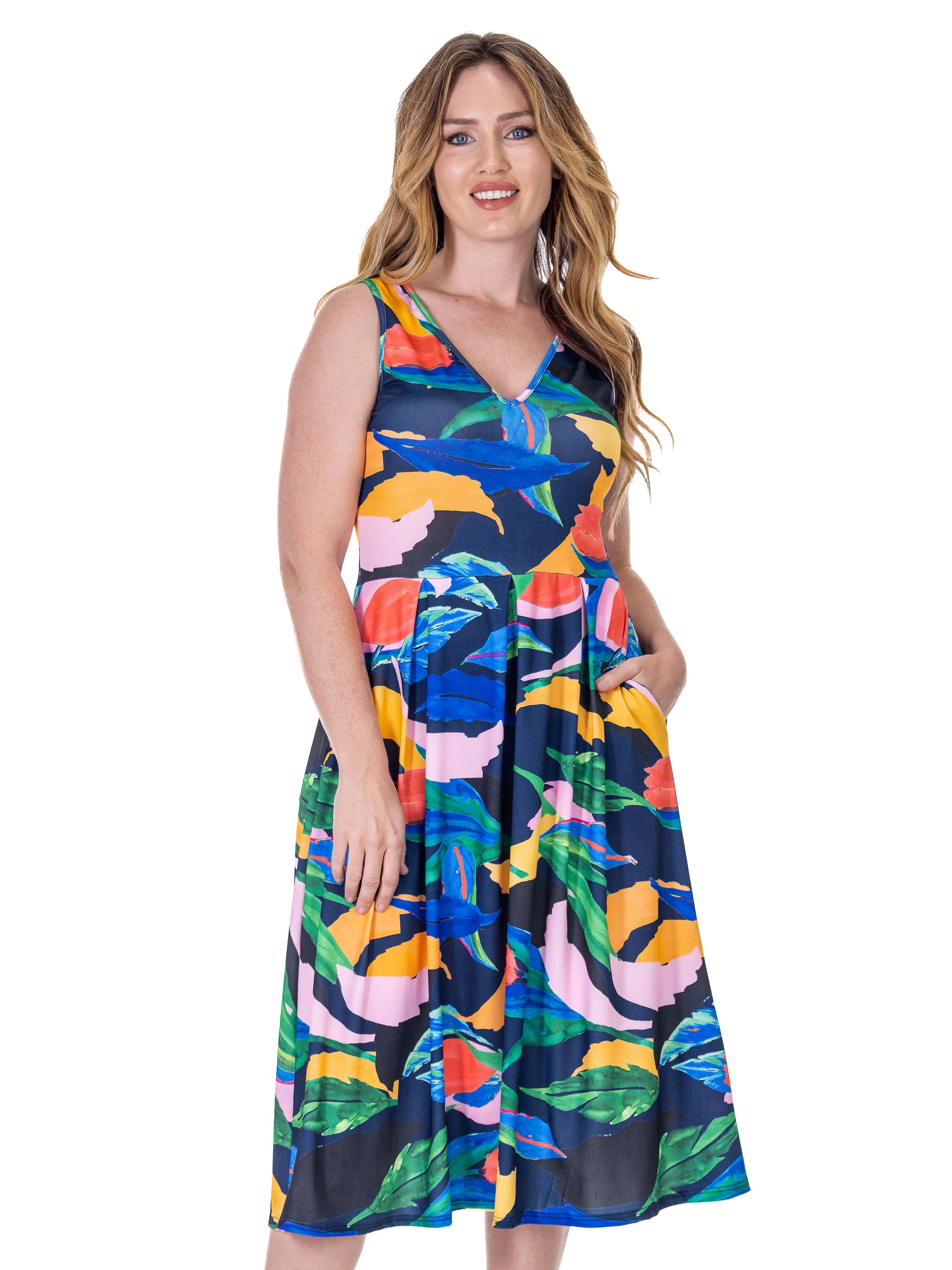 Womens Midi Length Multicolor Sleeveless Pleated Pocket Dress